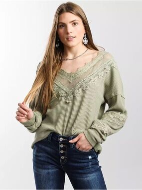 Daytrip Sage Green Crotchet Appliqué Waffle Knit Top